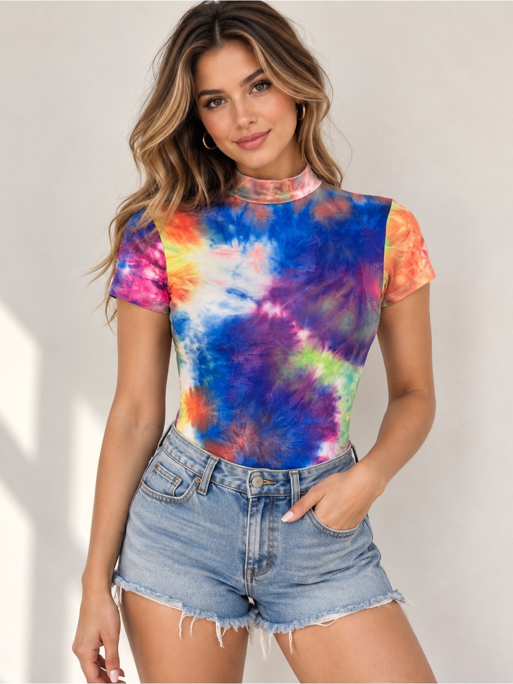 Never worn popular21 Tie-Dye Short Sleeve Mock Neck Top bodysuit - Multicolor m